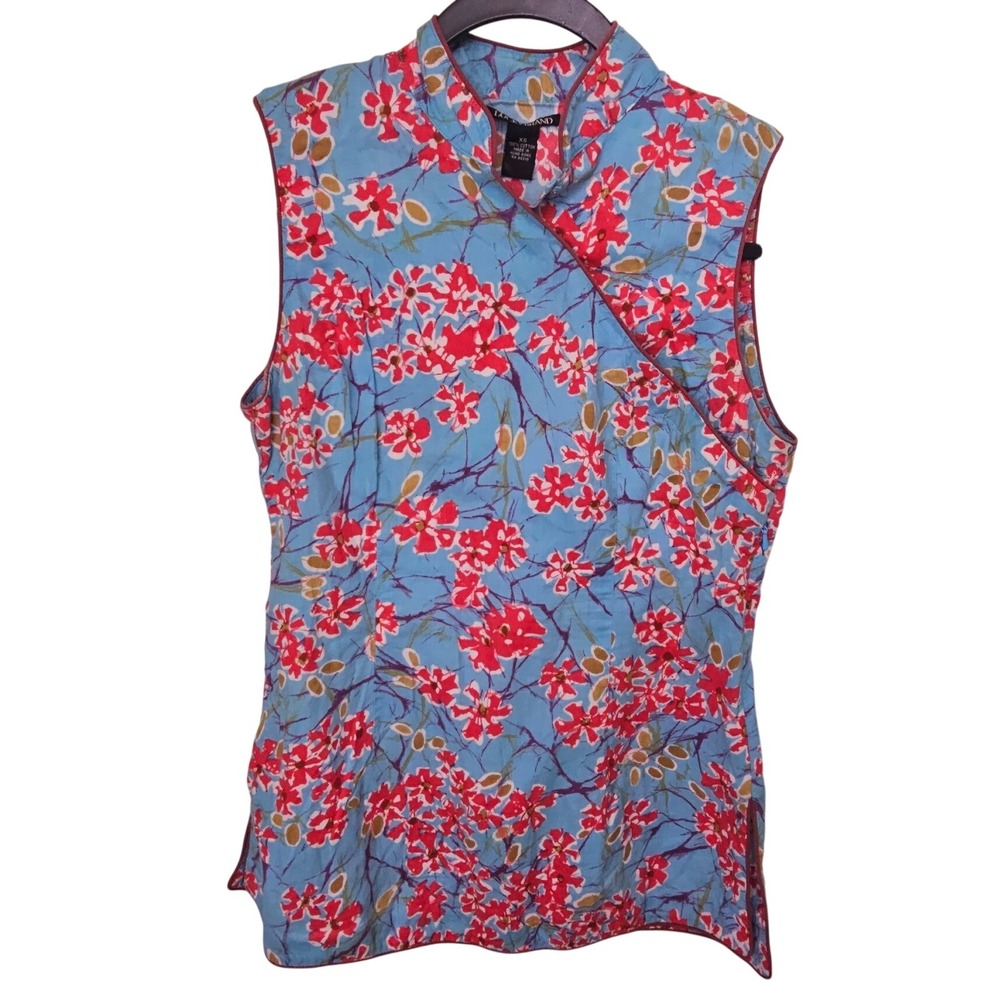 Lucky Brand Womens XS Blue Red Floral Oriental Sleeveless Mandarin Blouse Top